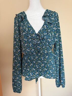 Floral Ruffled Wrap Blouse - Teal Floral